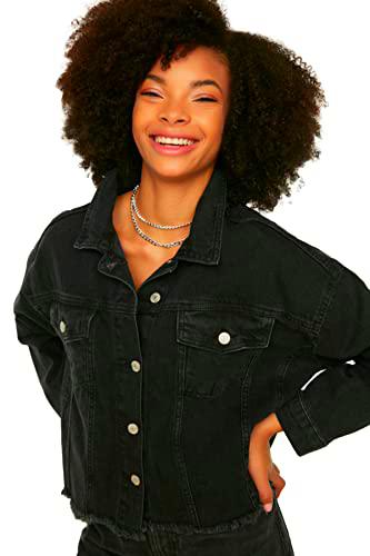 Trendyol Black Skirt Tip Tassels Crop Denim Jacket Chaqueta de Mezclilla Corta con borlas en la Punta de la Falda