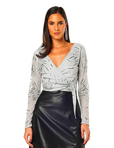 Little Mistress Top Cruzado de Manga Corta Adornado Azul para Mujer