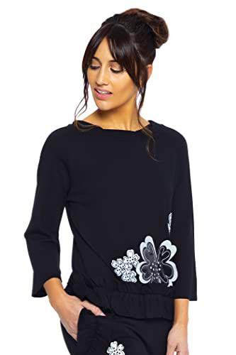 MAMATAYOE Tragedia Top Fluido para Mujer Color Negro en Punto Roma con Ruffle y Bordado.